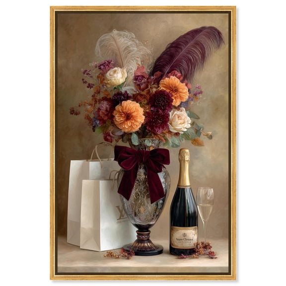 Maroon Red Floral and Feathers Vase Canvas Print Kitchen Wall Decor by Art Remedy, Gold Frame, 30 x 45