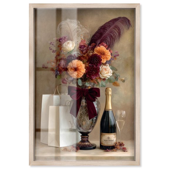 Maroon Red Floral and Feathers Vase Shadowbox Print Kitchen Wall Decor by Art Remedy, Blonde Frame, 16 x 24
