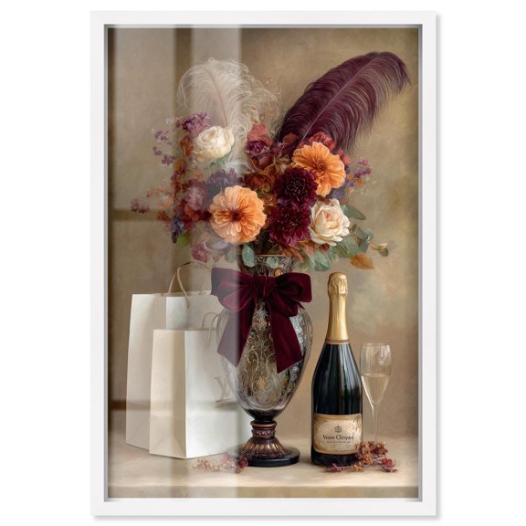 Maroon Red Floral and Feathers Vase Shadowbox Print Kitchen Wall Decor by Art Remedy, White Frame, 30 x 45