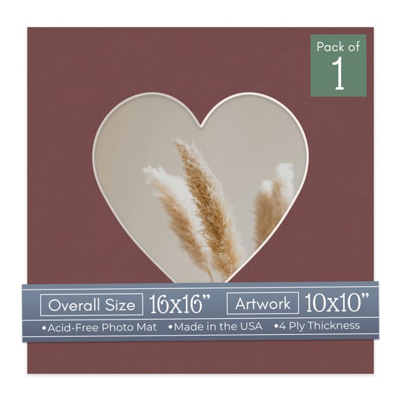 Maroon Red Picture Frame Mat for 16x16 Frames - Heart Opening for 10x10 Photos - 1 Mat