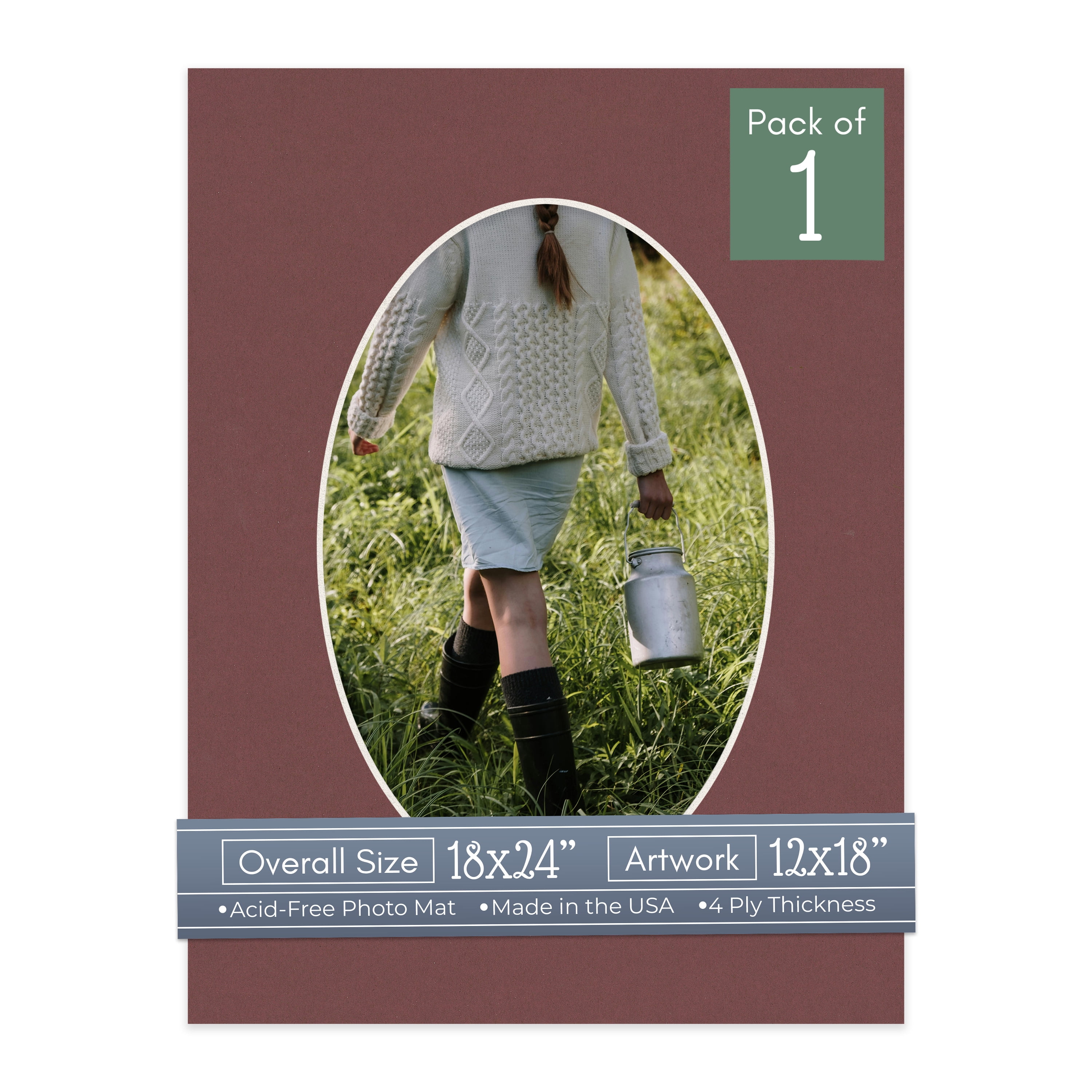 Maroon Red Picture Frame Mat for 18x24 Frames - Oval Opening for 12x18 Photos - 1 Mat