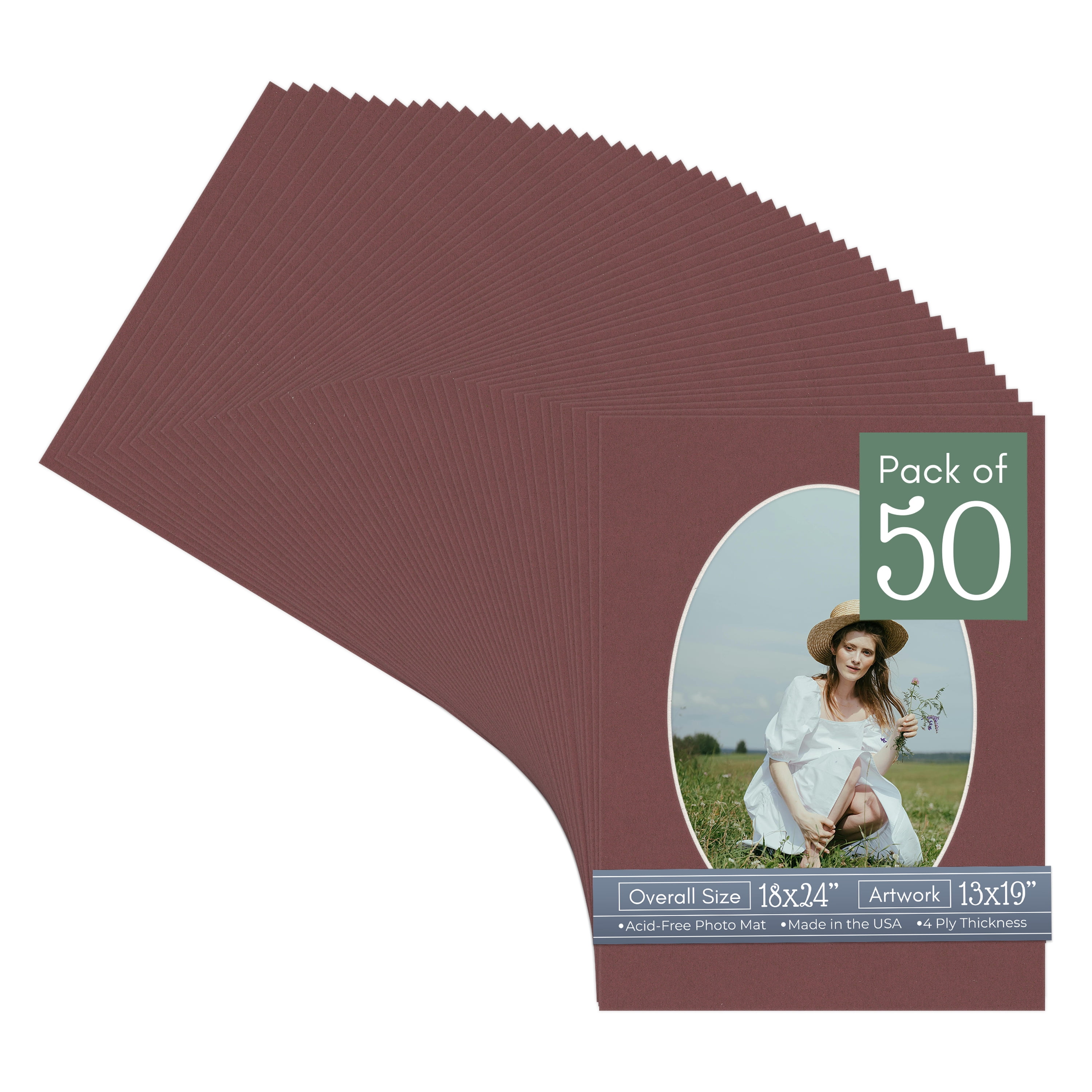 Maroon Red Picture Frame Mat for 18x24 Frames - Oval Opening for 13x19 Photos - 50 Mats