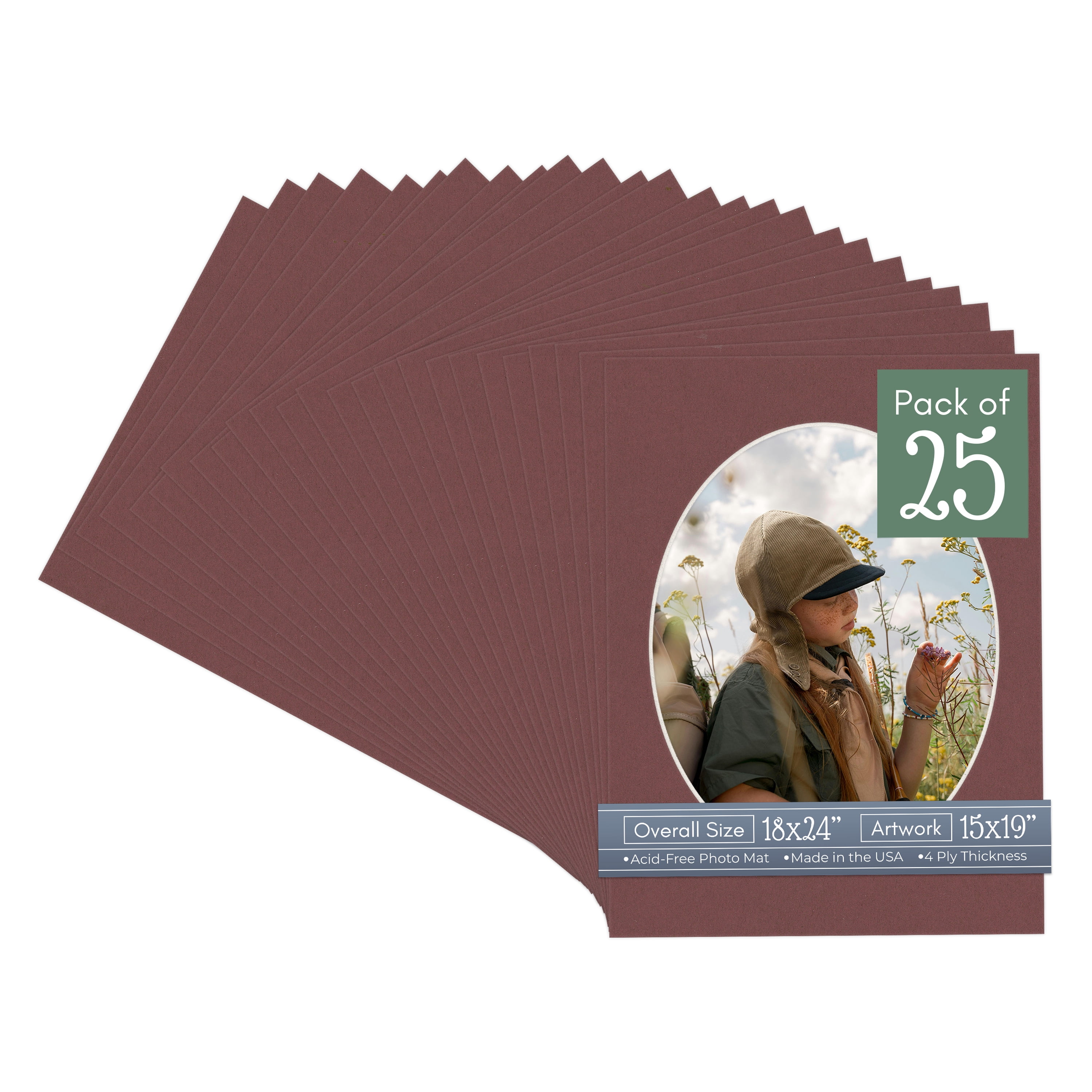 Maroon Red Picture Frame Mat for 18x24 Frames - Oval Opening for 15x19 Photos - 25 Mats
