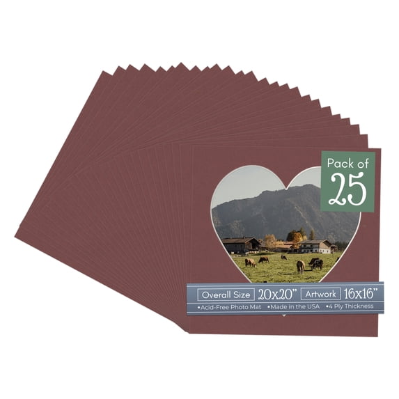 Maroon Red Picture Frame Mat for 20x20 Frames - Heart Opening for 16x16 Photos - 25 Mats