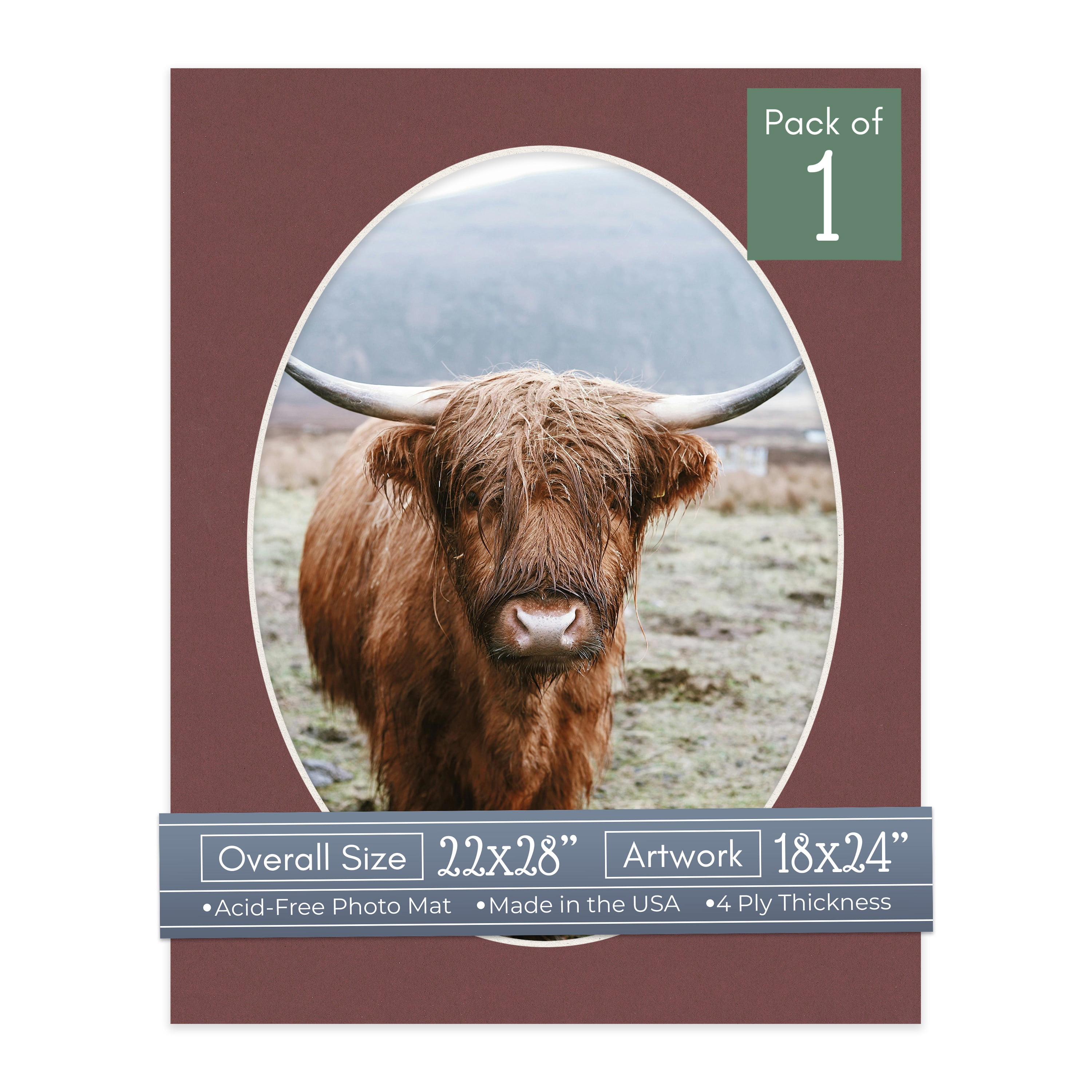 Maroon Red Picture Frame Mat for 22x28 Frames - Oval Opening for 18x24 Photos - 1 Mat
