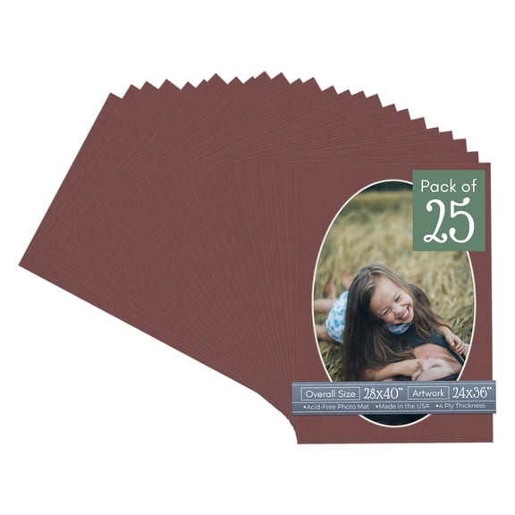 Maroon Red Picture Frame Mat for 28x40 Frames - Oval Opening for 24x36 Photos - 25 Mats
