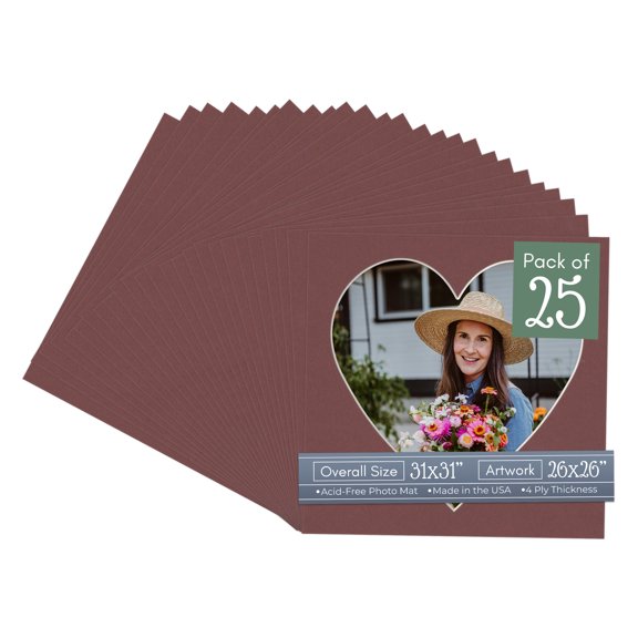 Maroon Red Picture Frame Mat for 31x31 Frames - Heart Opening for 26x26 Photos - 25 Mats