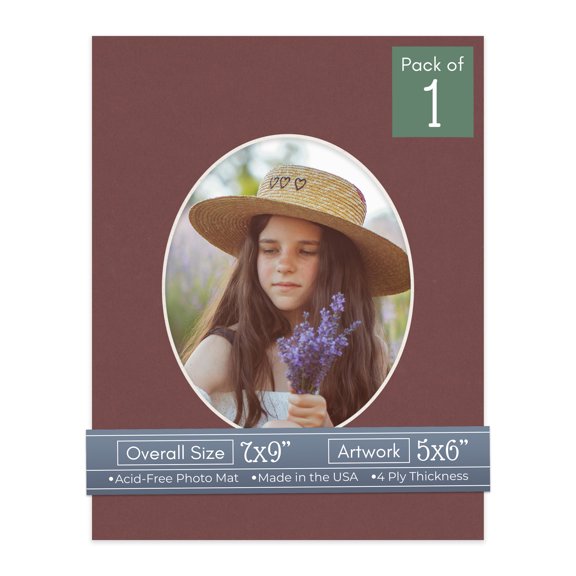 Maroon Red Picture Frame Mat for 7x9 Frames - Oval Opening for 5x6 Photos - 1 Mat
