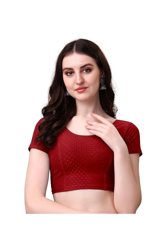 Maroon Round Neck Dobby Cotton Stretchable Short Sleeve Readymade Saree Blouse , Stylish Comfortable Ethnic Wear