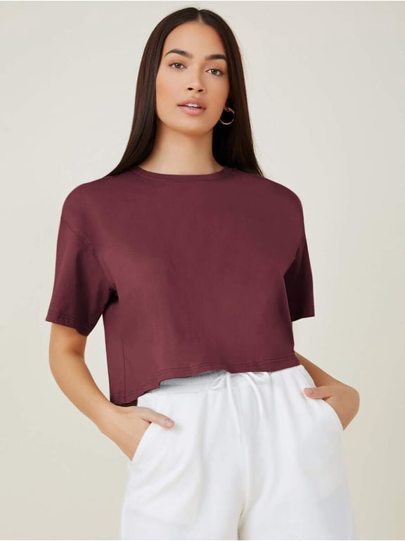 Maroon Round Neck Drop Shoulder Solid Crop Tee Womens Casual Top