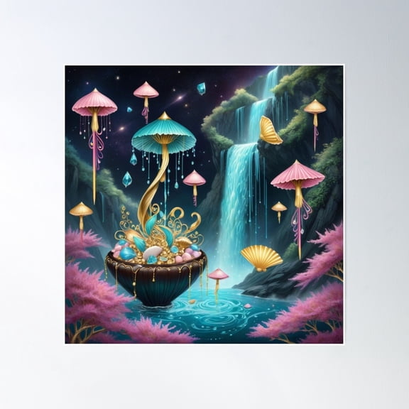 Maroon Shrubs,Fans And 3 Drop Waterfalls Poster Wall Art, Modern Wall Decor, 30x30 UNFRAMED