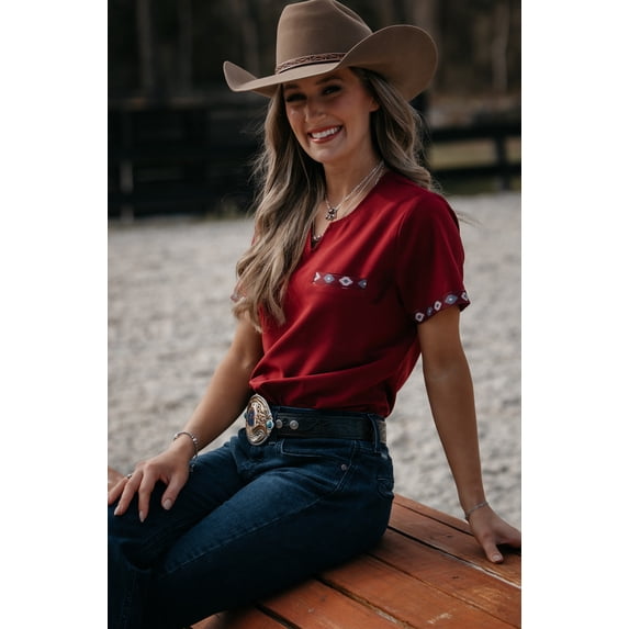Women's scrub top, Western, Workwear, Uniform, Scrub Sets, Spurrin' Scrubs-Maroon Simple Aztec Top