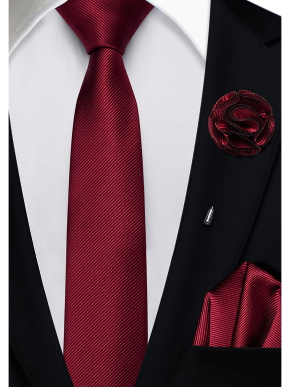 Maroon Skinny Ties for Men Silk Satin Slim Necktie and Pocket Square Lapel Pin Set Handkerchief Wedding Casual Formal 2.4"