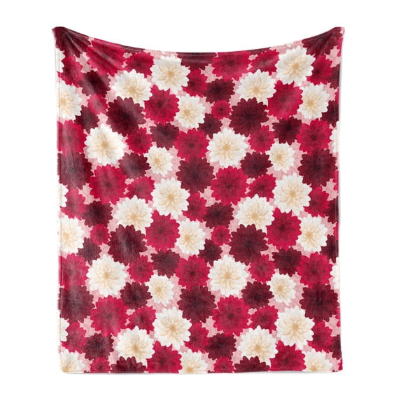 Maroon Soft Flannel Fleece Throw Blanket, Repeating Colorful Arrangement Blossoming Dahlia Flowers Illustration, Cozy Plush for Indoor and Outdoor Use, 50" x 70", Maroon Pale Peach Rose, by Ambesonne