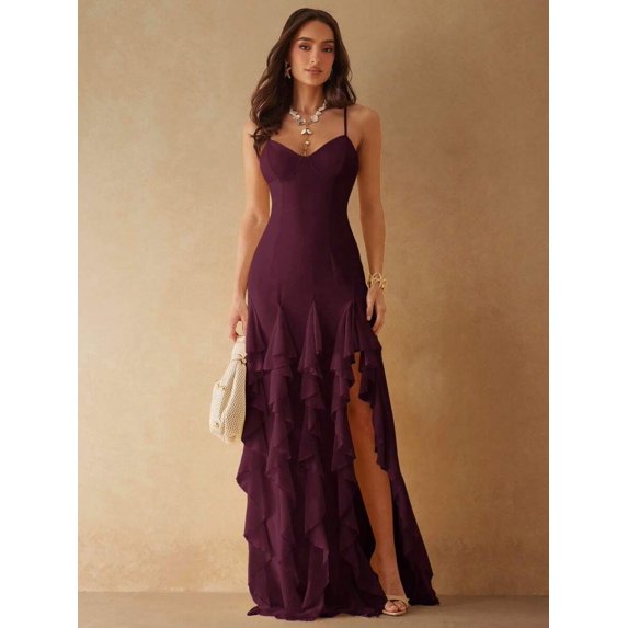 Maroon Sweetheart Neck Ruffle Maxi Dress With High Slit For Evening Party