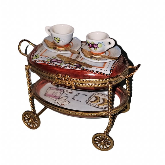 Maroon Tea Cart for Collectors Limoges Box Porcelain Figurine