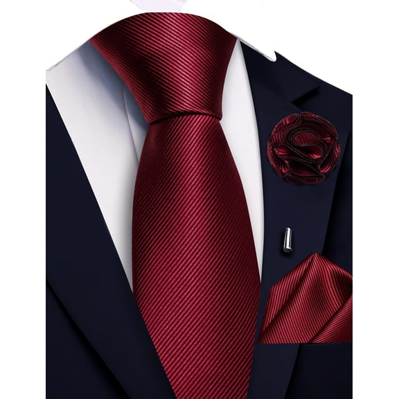 Maroon Tie and Pocket Square with Striped Solid Color Lapel Pin Silk Formal Necktie Set Wedding Party