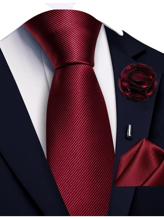 Maroon Tie and Pocket Square with Striped Solid Color Lapel Pin Silk Formal Necktie Set Wedding Party