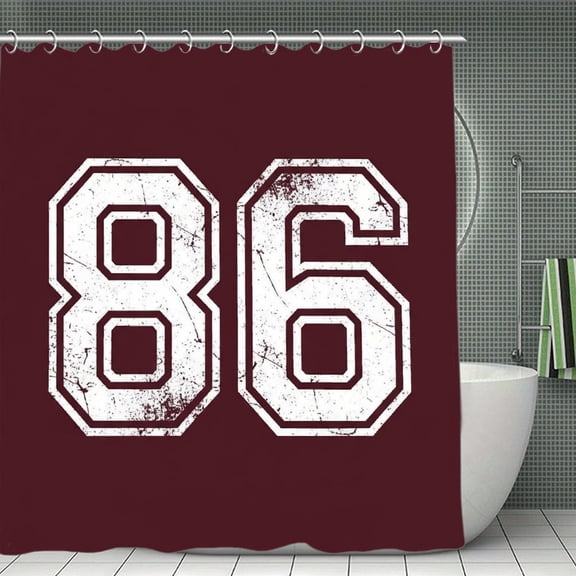 Maroon Varsity Number 86 Distressed Print Shower Curtain 70.870.8Inch,Modern Fabric Waterproof Polyester Bathroom Home Decor Set with Hooks