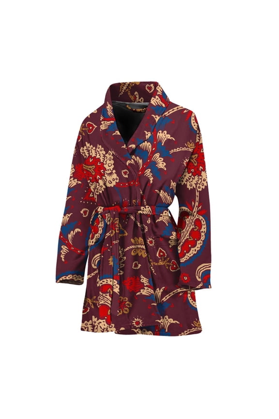 Maroon Vintage Bohemian Floral Women Bathrobe One Size Univeral Fits Fashion Lightweight Plush Fleece Long Robe For Women