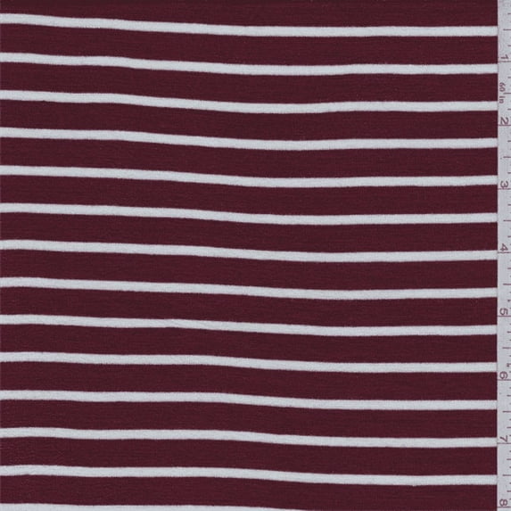 Maroon/White Stripe Rayon Jersey Knit, Fabric Sold By the Yard