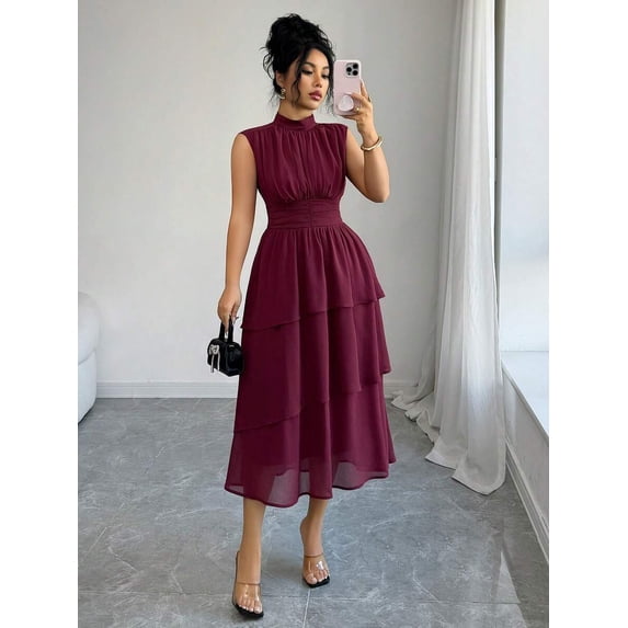Maroon Womens Elegant Sleeveless High Neck Chiffon Maxi Dress With Tiered Ruffle Hem And Waist Gathering