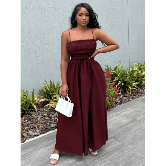 Maroon Womens Smocked Spaghetti Strap Tube Top Maxi Dress