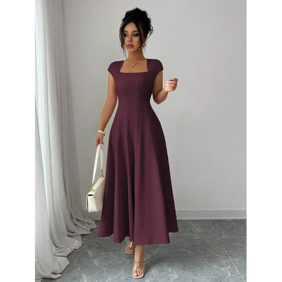 Maroon Womens Square Neck Cinched Waist A-Line Midi Dress For Spring Summer Casual Vacation