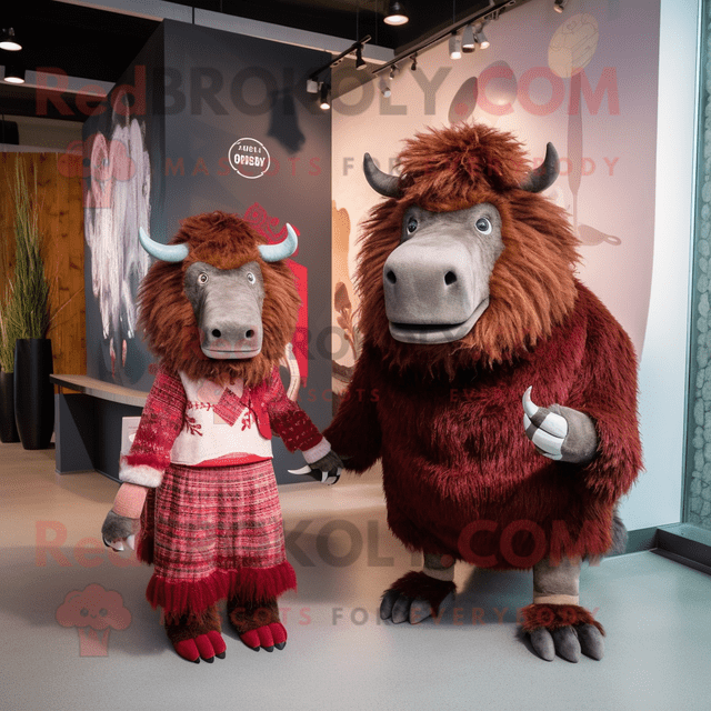 Maroon Woolly Rhinoceros REDBROKOLY mascot costume character dressed with a Midi Dress and Brooches