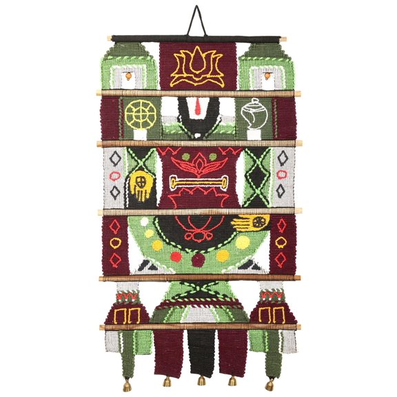 Maroon and Green Cotton Handmade Balaji Wall-Hanging with Wooden Beads and Brass Bells from Maharashtra