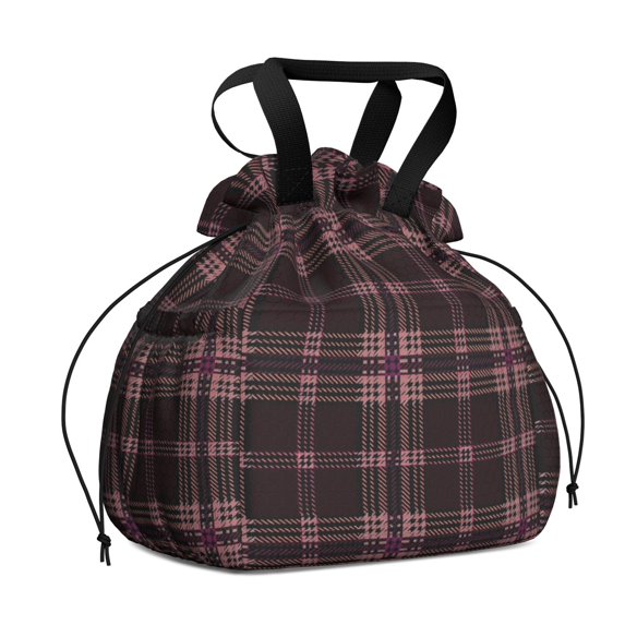 Maroon and Pink Checkered Pattern Drawstring Insulated Lunch Bag for Women, Stain-Resistant Large Lunch Tote with Multi-Pockets for Work Office