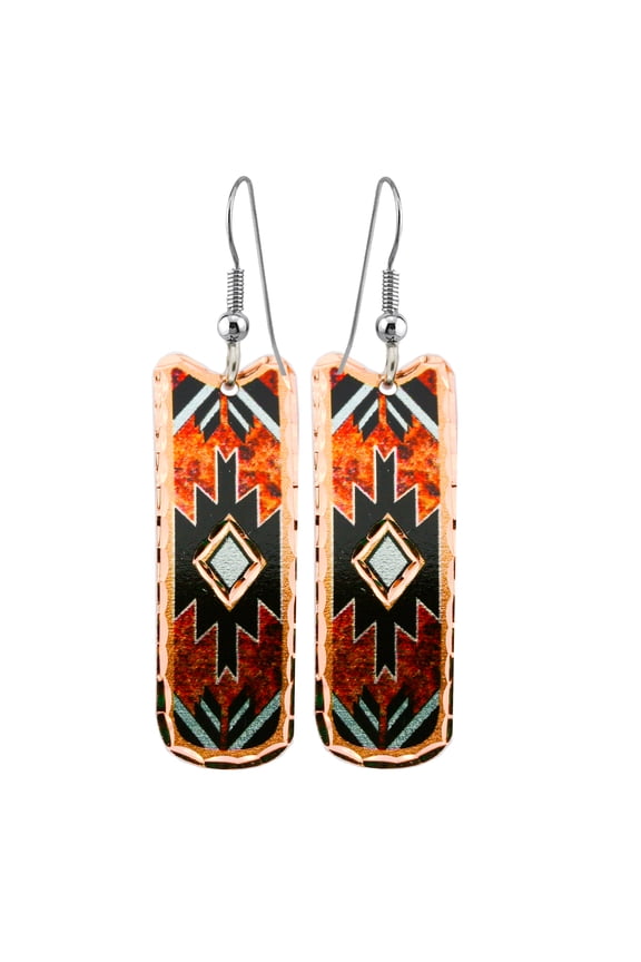 Maroon and Turquoise Color Arrowhead Earrings. Rectangular Shaped Native Inspired Jewelry Handmade Copper Earrings