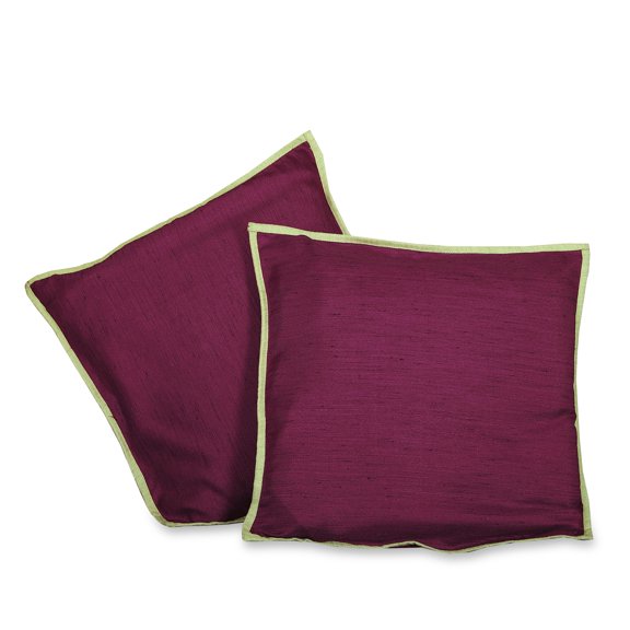 Maroon with Olive Trim - 2 Raw Silk Cushion Cover, Throw Pillow Case 18" X 18"