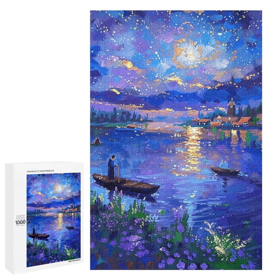Marpieviii Puzzles for Adults 1000 Pieces Boat Under The Stars Wall Art Modern Home Decor Unique Wooden Jigsaw Puzzles for Adults Gift