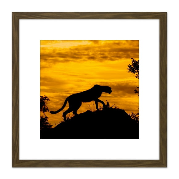 Marques Cheetah Silhouette Sunset Photo 8X8 Inch Square Wooden Framed Wall Art Print Picture with Mount