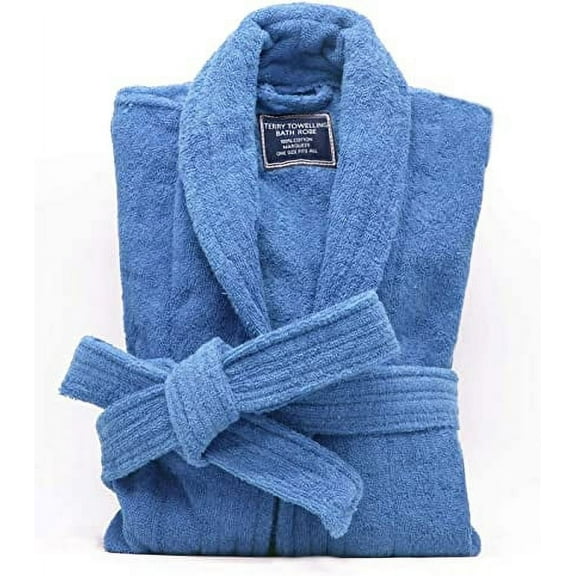 Marquess Terry Cloth Robes for Men All Cotton Blue Bathrobe, Luxury Shower Robe Long Shawl Collar,