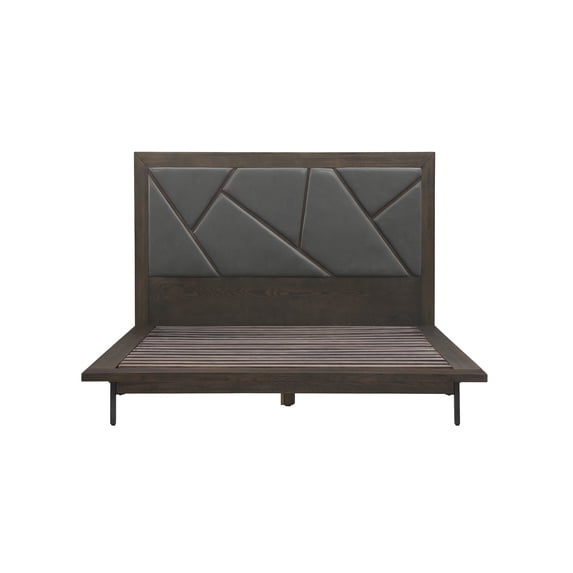 Marquis 3 Piece Queen Size Platform Bed Frame Bedroom Set in Oak Wood with Faux Leather Headboard