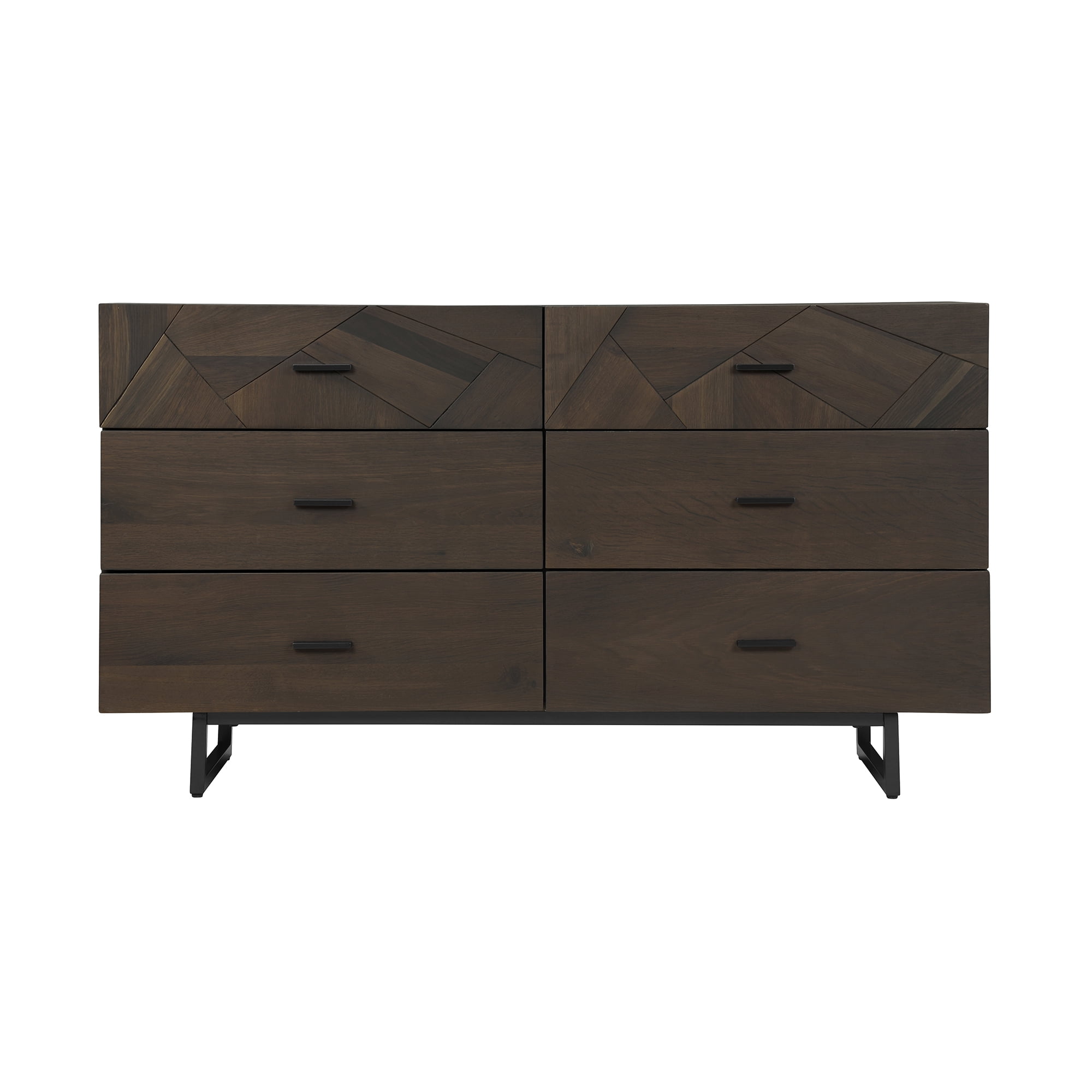 Sleek Oakwood 6-Drawer Dresser with Geometric Black Metal Legs