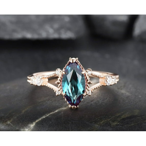 Marquise Alexandrite Engagement Ring, Unique June Birthstone Wedding Promise Ring, 14K Rose Gold Silver Ring Gift for Women