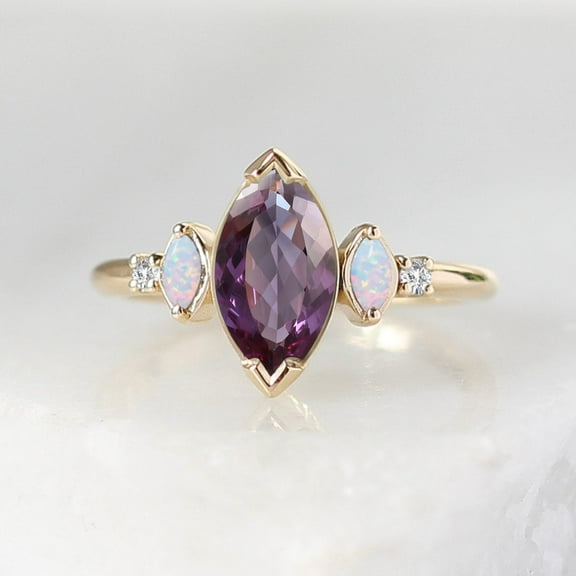 Marquise Alexandrite & Opal Handmade and Promise Ring, Minimalist 925 Starling Silver Birthstone Jewelry Diamond Wedding Cabochon Ring,