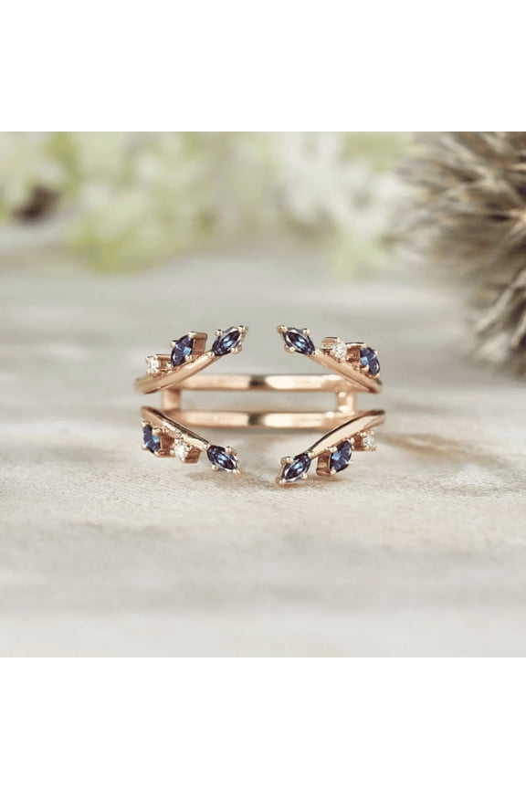 Marquise Alexandrite Wedding Band- Open Leaf Ring Enhancer in 14K Rose Gold Vermeil- June Birthstone