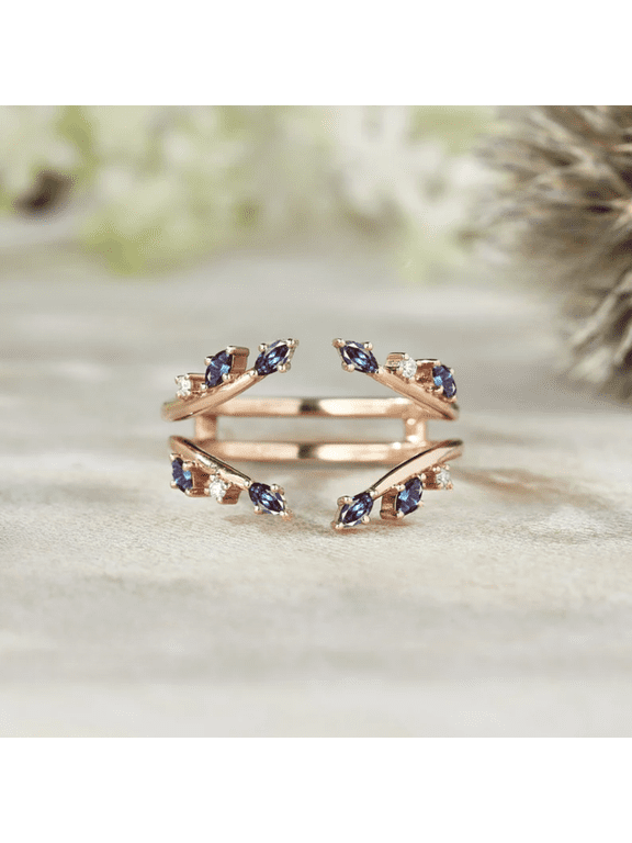 Marquise Alexandrite Wedding Band- Open Leaf Ring Enhancer in 14K Rose Gold Vermeil- June Birthstone
