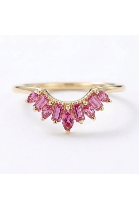 Marquise & Baguette Cut Pink Sapphire Chevron Ring, Stacking Band Ring, Dainty Ring, Nesting Ring, September Birthstone Ring, Sapphire Ring, Handmade Jewelry