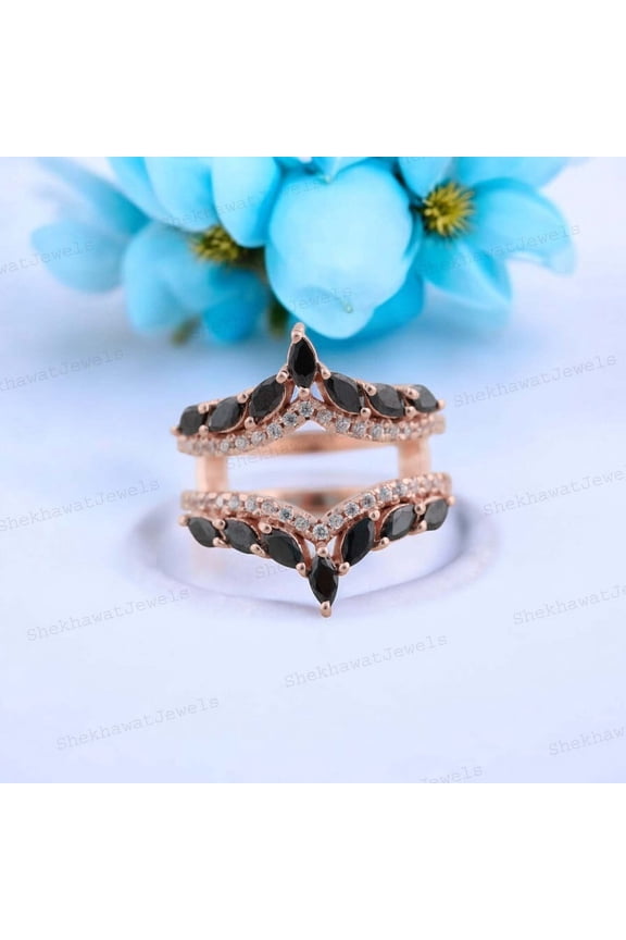 Marquise Black Onyx Curved Double Wedding band Rose Gold Unique Diamond Enhancer band Promise Bridal wedding jacket Anniversary Ring gift.