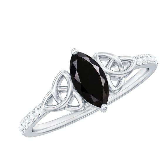 Rosec Jewels Marquise Black Onyx Solitaire Celtic Knot Ring with Diamond - 4X8 mm - AAA Grade, 925 Sterling Silver, US 4.00