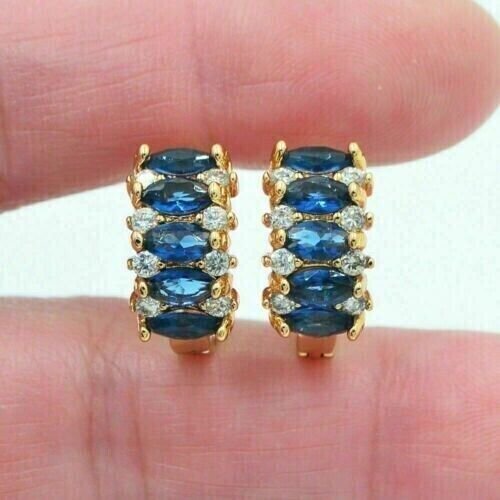 Marquise Blue Sapphire Clip On Hoop Earrings In 14k Yellow Gold Plated