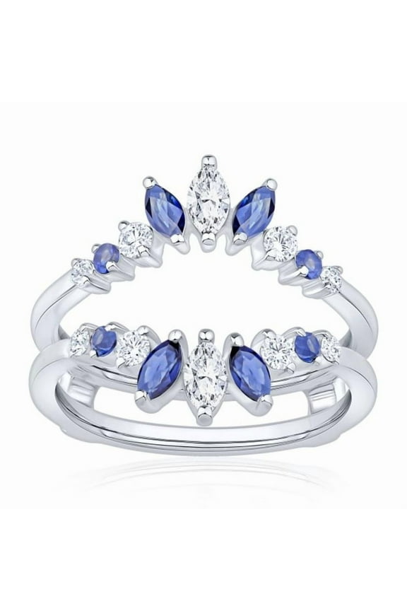 Marquise Blue Sapphire & White CZ Ring Guard in 925 Sterling Silver – Crown Enhancer Wrap Wedding Band – Double Chevron Ring Jacket for Women