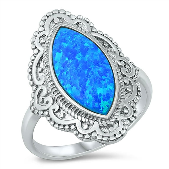 Marquise Blue Simulated Opal Decorated Victorian Ring Sterling Silver Size 7