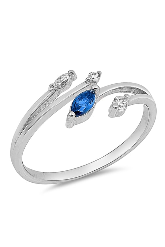 Marquise Blue Simulated Sapphire Open Bar Ring .925 Sterling Silver Band CZ Female Size 4