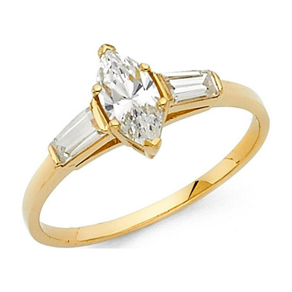 Marquise CZ Engagement Ring 14k Yellow Gold Anniversary CZ Solitaire Baguette Side Stones Women Size 8.5